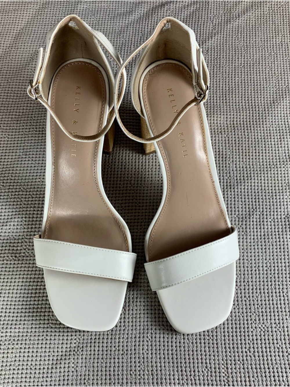 Kelly‎ & Katie White Ankle Strap Block Heel Sandals Woven Raffia Size 10M